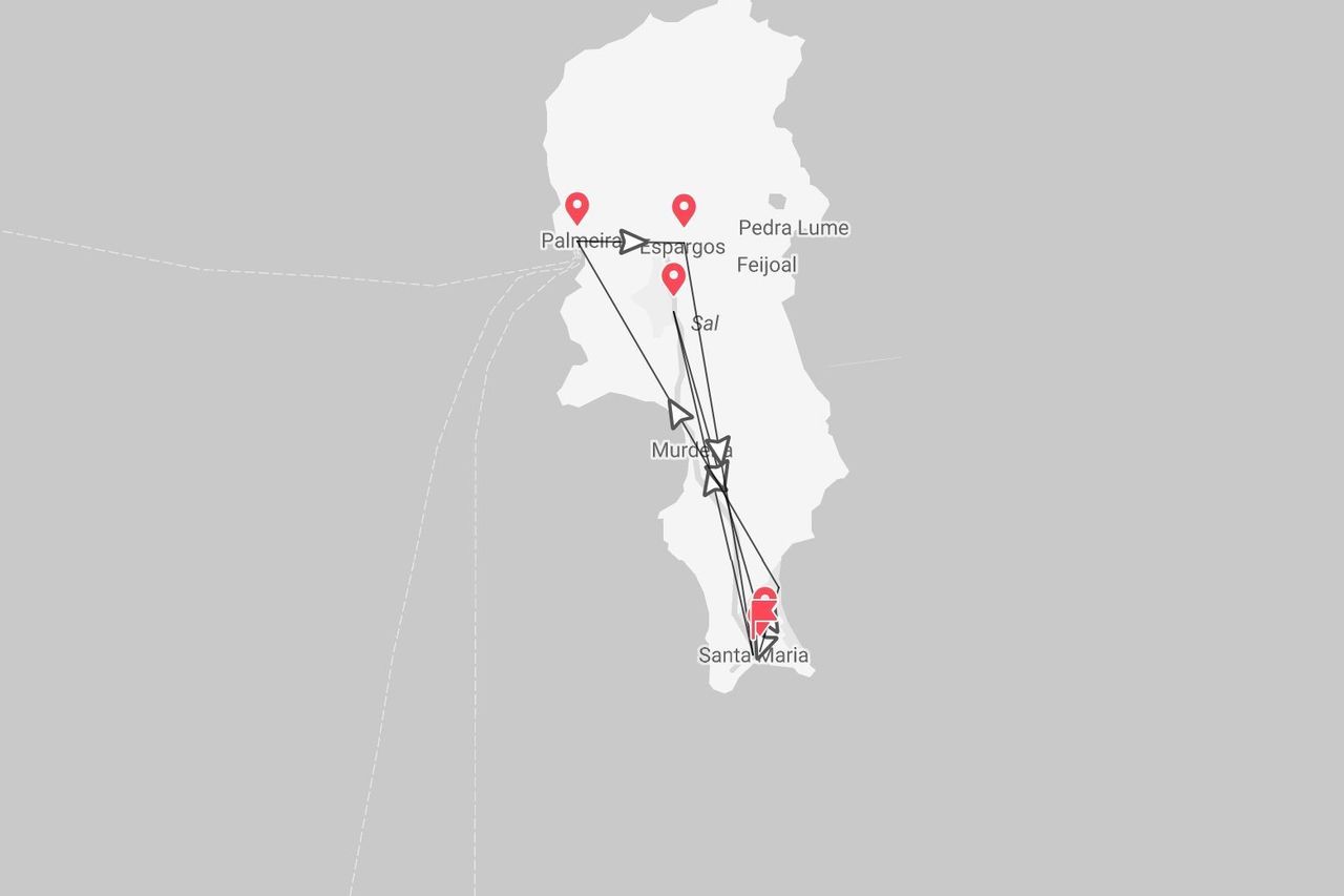 Una mappa dell'isola di Sal, che mostra un itinerario di viaggio che collega le località di Palmeira, Espargos, Murdeira e Santa Maria.