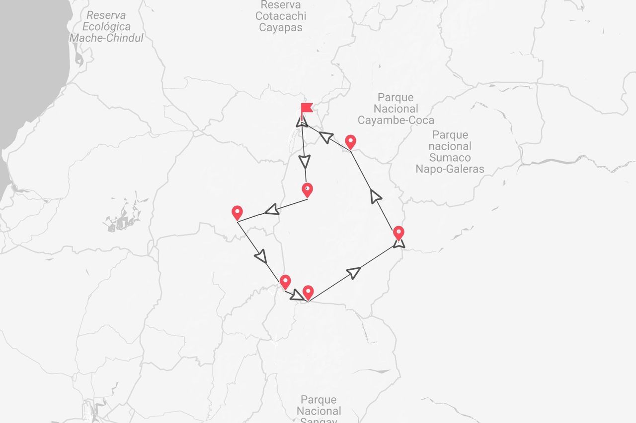 Una mappa di una regione dell'Ecuador che mostra un itinerario di viaggio con puntine attraverso parchi nazionali come Cotacachi Cayapas e Cayambe-Coca.