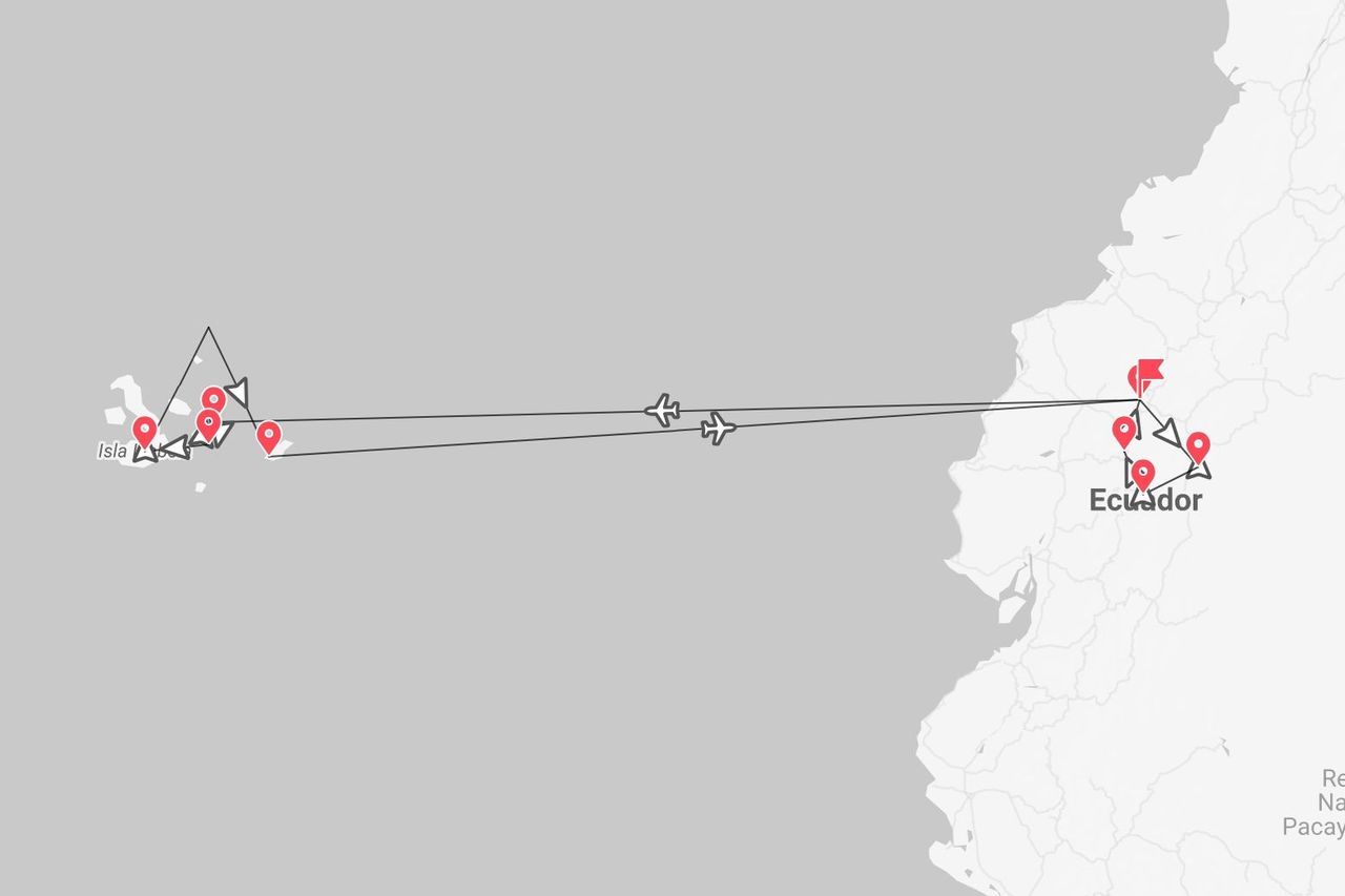 Une carte montrant un itinéraire de voyage entre l'Équateur continental et les îles Galápagos, avec des lignes d'itinéraire et des épingles de localisation.