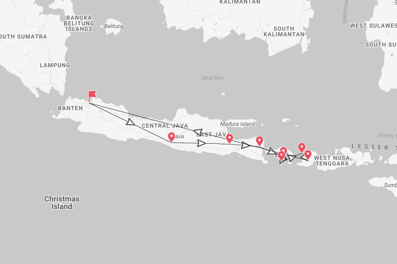Una mappa dell'Indonesia che mostra un itinerario di viaggio con tappe da Banten attraverso Giava fino a Nusa Tenggara Occidentale.