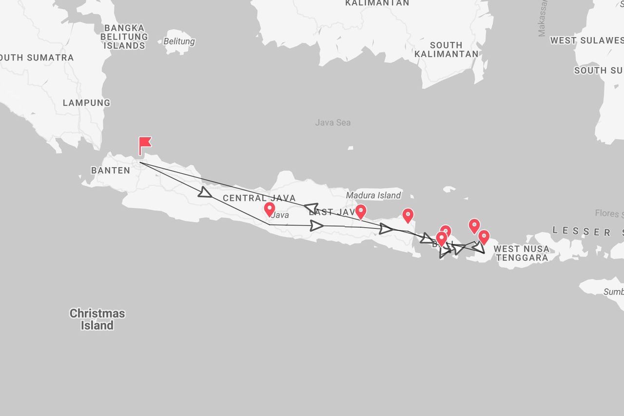 Un mapa que muestra un itinerario de viaje por las islas indonesias de Java y Nusa Tenggara Occidental, comenzando desde Banten.
