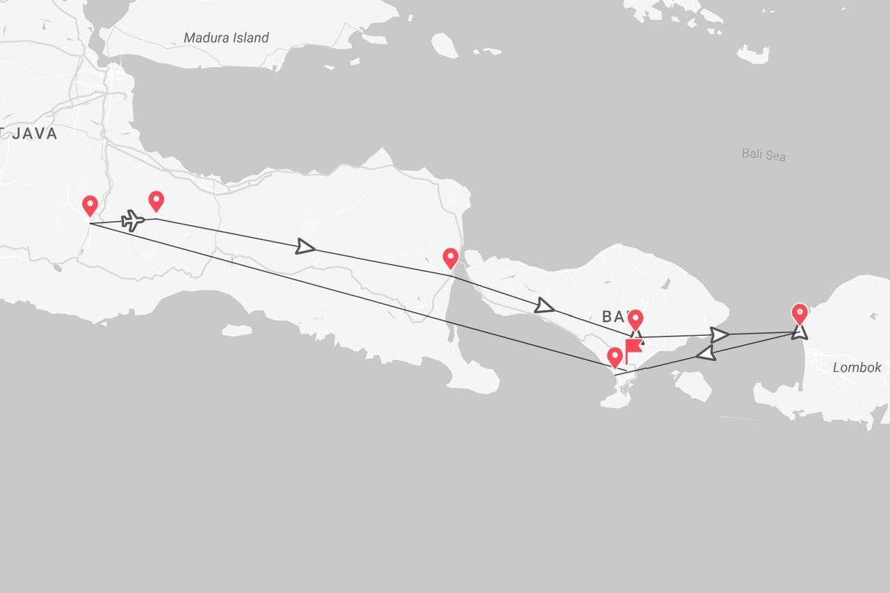 Mapa de itinerario de viaje: de Java, pasando por Bali, a Lombok, con rutas de vuelo y marcadores de ubicación.