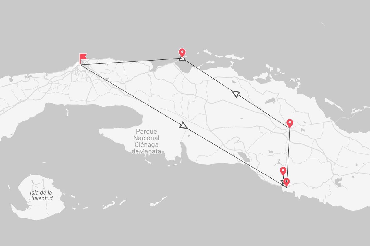 Karte einer Reiseroute durch Westkuba mit wichtigen Haltepunkten, darunter Isla de la Juventud und der Nationalpark Ciénaga de Zapata.