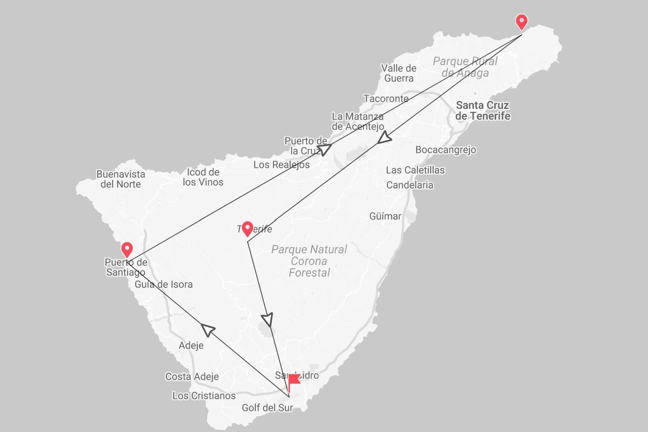 Un mapa de la isla de Tenerife que muestra un itinerario de viaje con paradas en varios lugares, incluyendo el Parque Rural de Anaga y San Isidro.