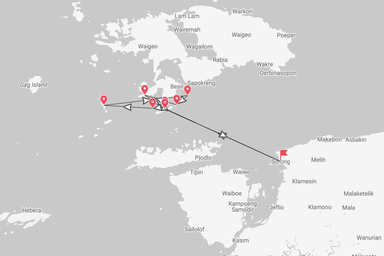 Mappa di un itinerario di viaggio con punti da Sorong a diverse località dell'isola di Waigeo.