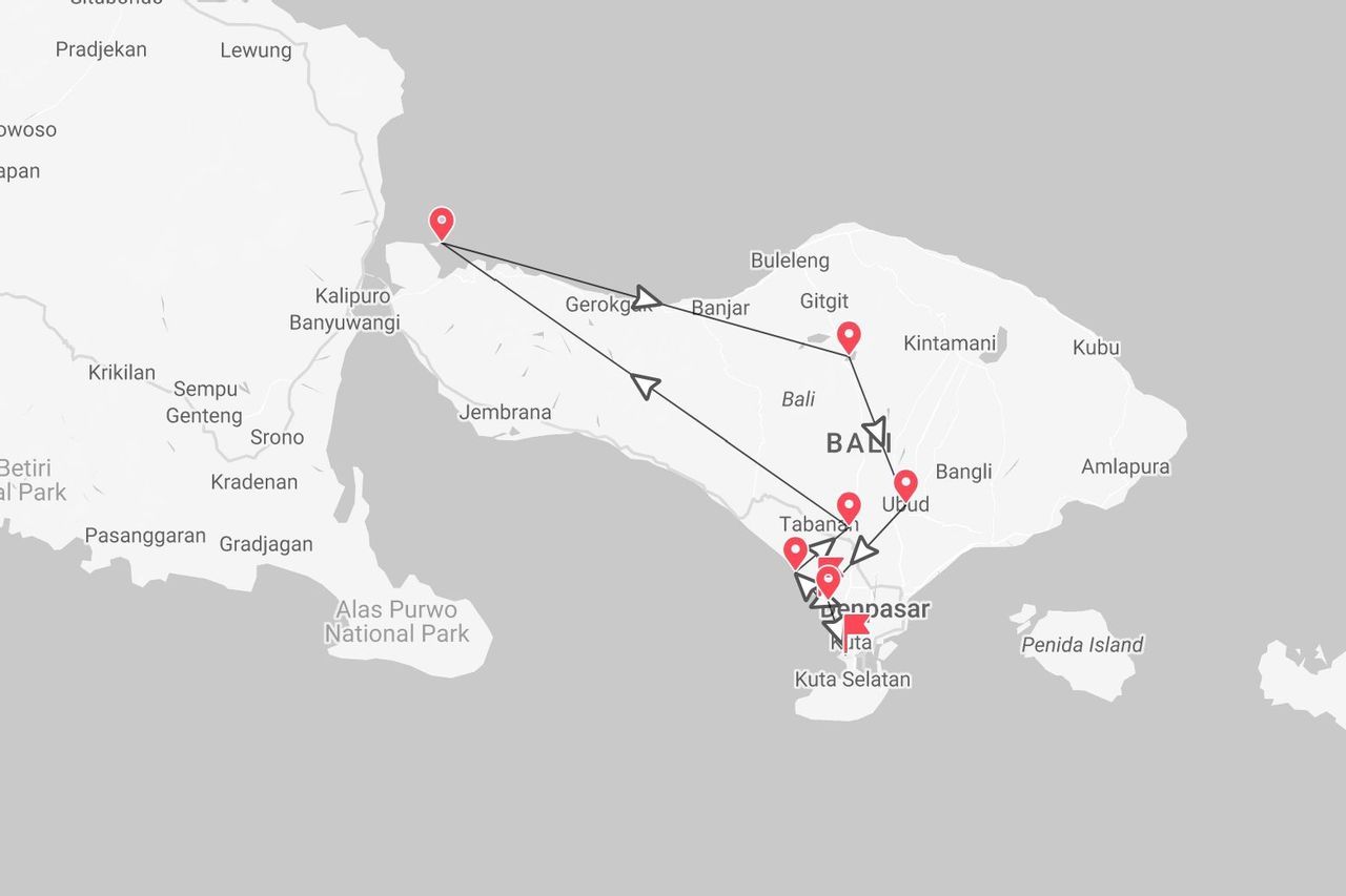 Mappa di Bali: itinerario di viaggio con tappe segnate e frecce, che evidenzia località come Kintamani, Ubud e Banyuwangi.