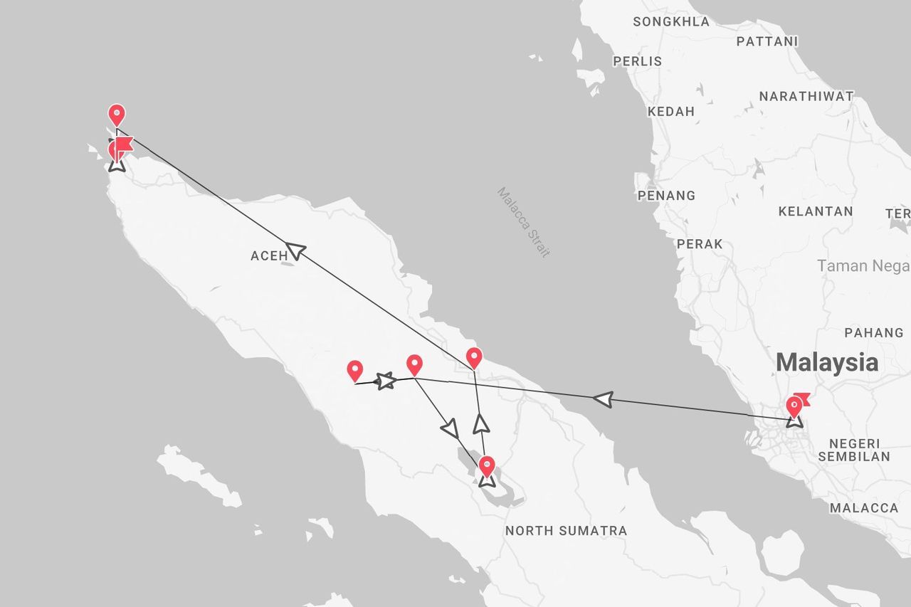 Una mappa che mostra un itinerario di viaggio dalla Malesia attraverso lo Stretto di Malacca a vari punti nel nord di Sumatra e Aceh, Indonesia.