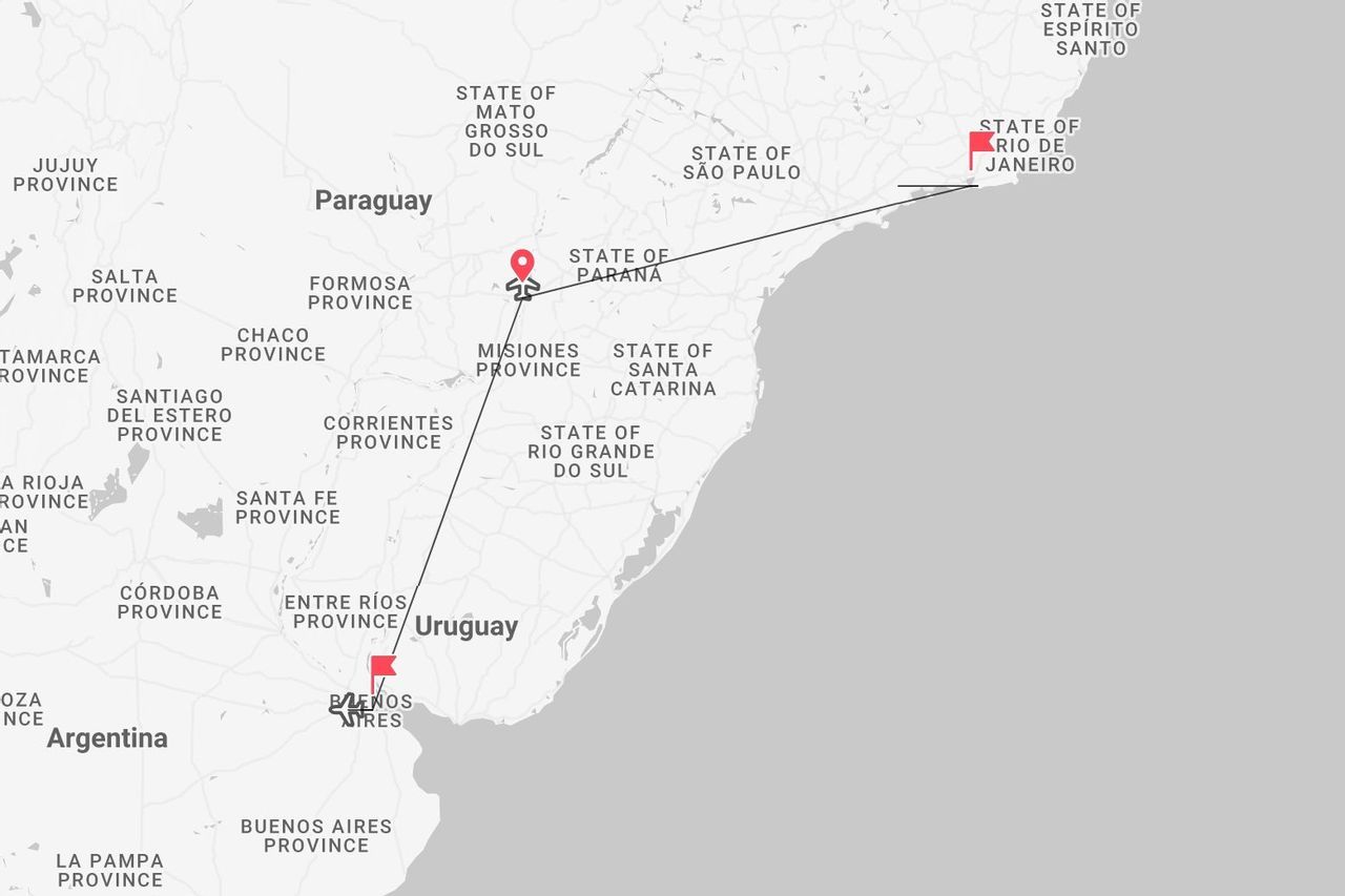 Eine Karte mit einer Reiseroute in Südamerika, die Buenos Aires und die Provinz Misiones in Argentinien mit Rio de Janeiro in Brasilien verbindet.