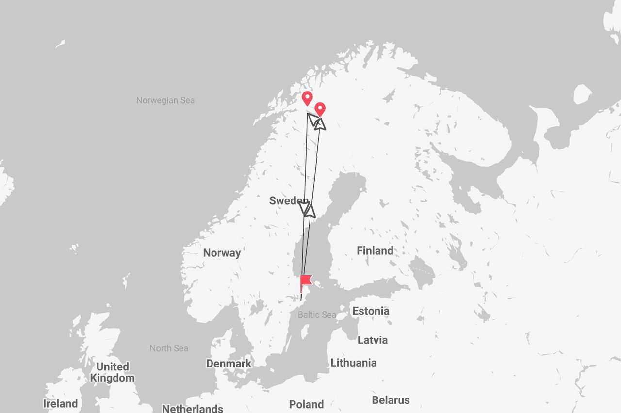 Une carte de la Scandinavie montrant un itinéraire de voyage depuis le sud de la Suède, près de la mer Baltique, jusqu'à la côte nord de la Norvège.