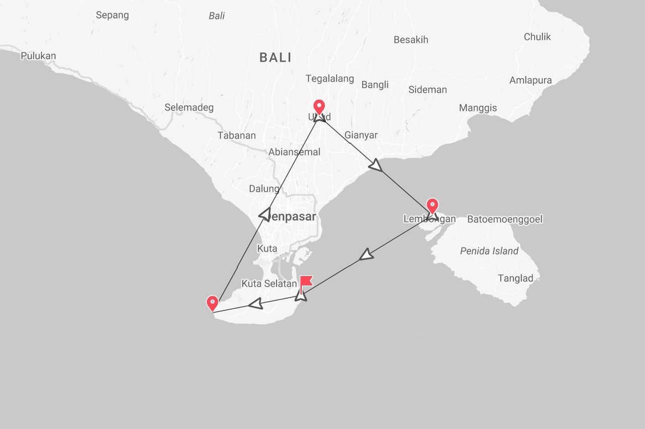 Un mapa de Bali, Indonesia, ilustrando una ruta de viaje con paradas en Ubud, Lembongan y Kuta Selatan.