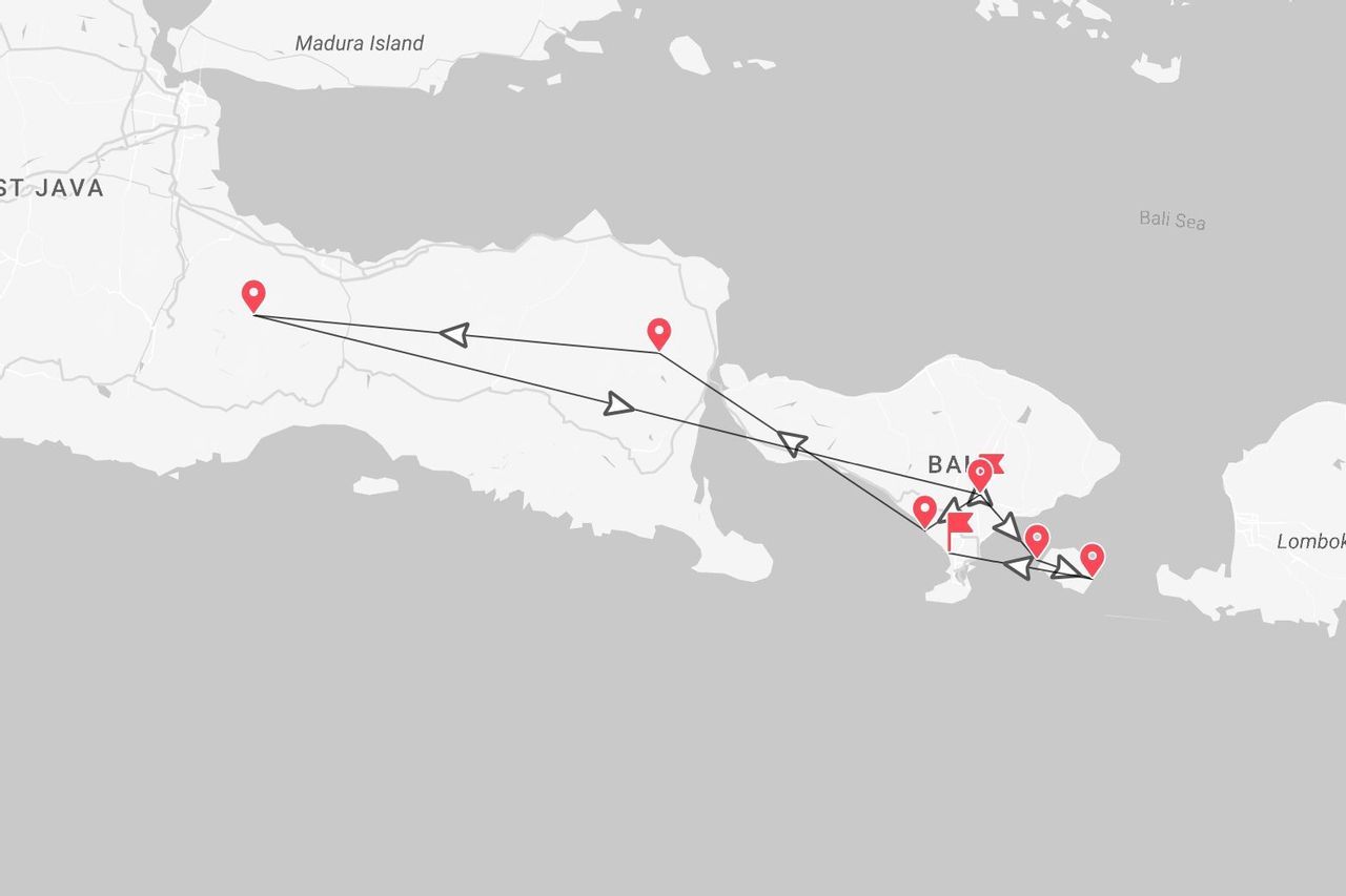 Un mapa en escala de grises mostrando una ruta de viaje desde Java Oriental a través de la isla de Bali, Indonesia.