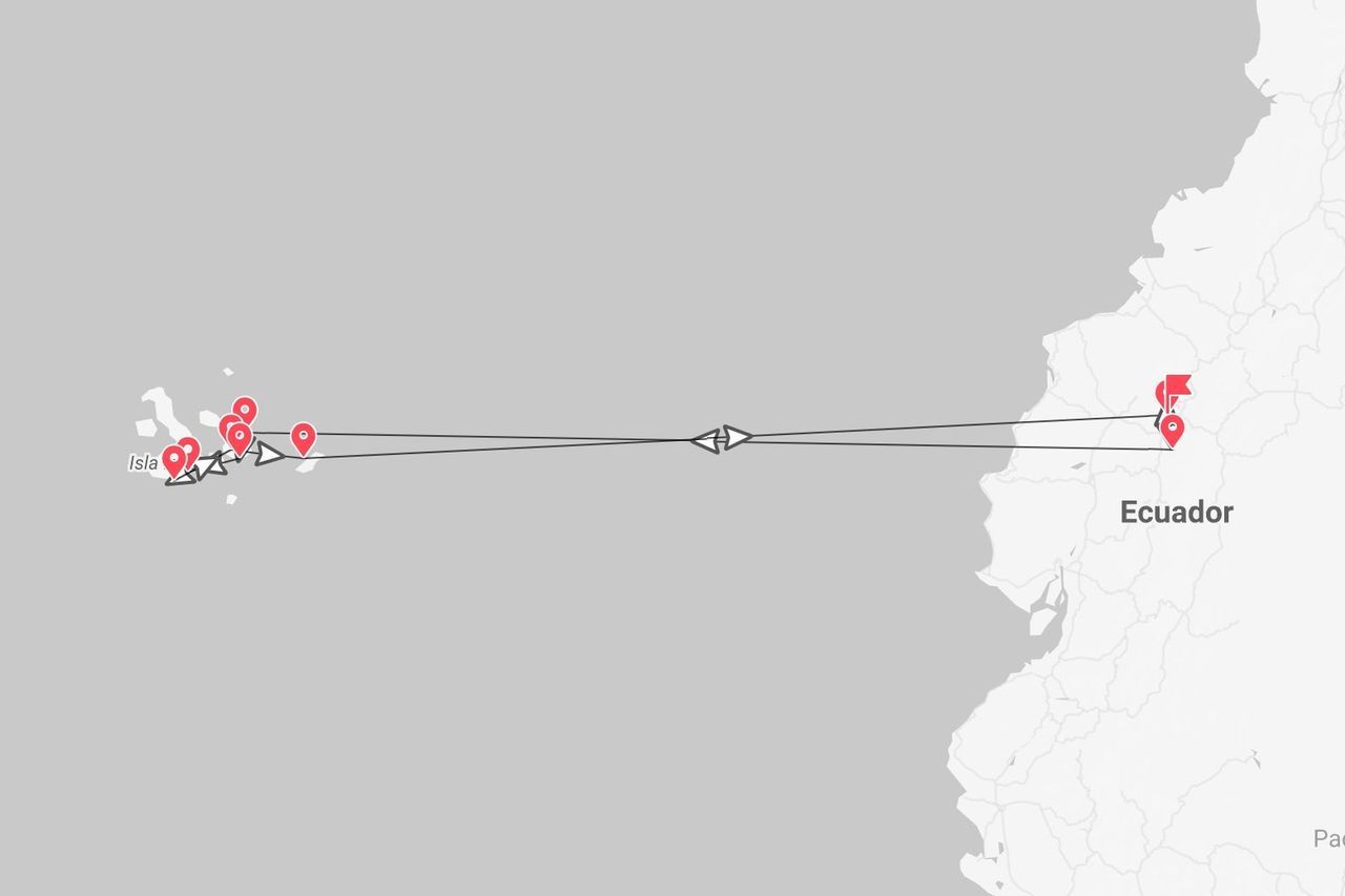 Un mapa que muestra un itinerario de viaje desde Ecuador continental a las Islas Galápagos, con múltiples paradas marcadas con pines rojos.