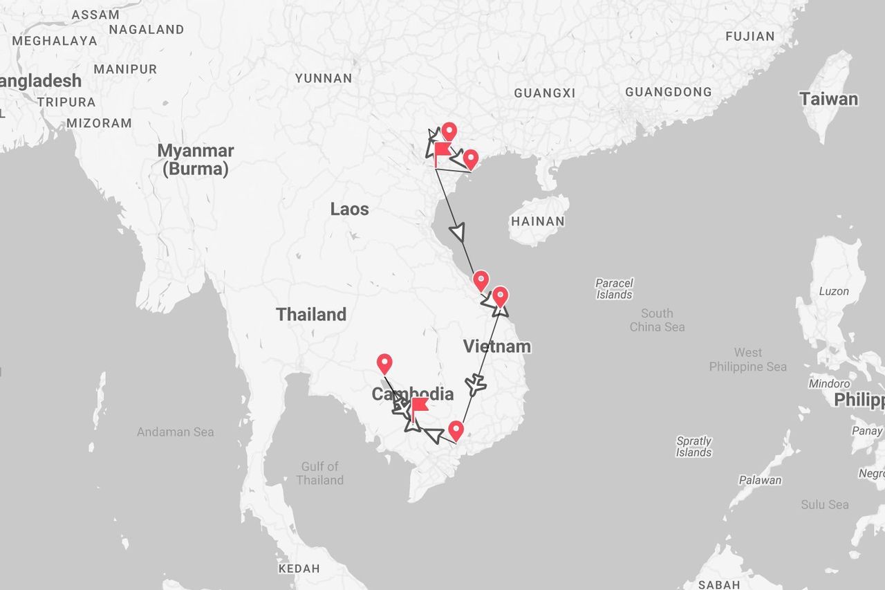 Eine Karte von Südostasien, die eine Reiseroute durch Vietnam und Kambodscha zeigt, dargestellt durch rote Markierungen und verbindende Flugrouten.
