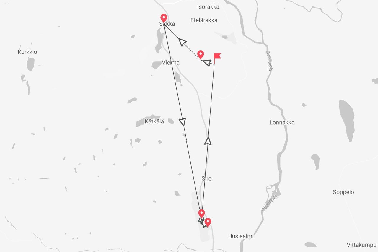 Una mappa minimalista che mostra un percorso di viaggio segnato con segnaposto e frecce, collegando località come Sirkka e Uusisälmi.