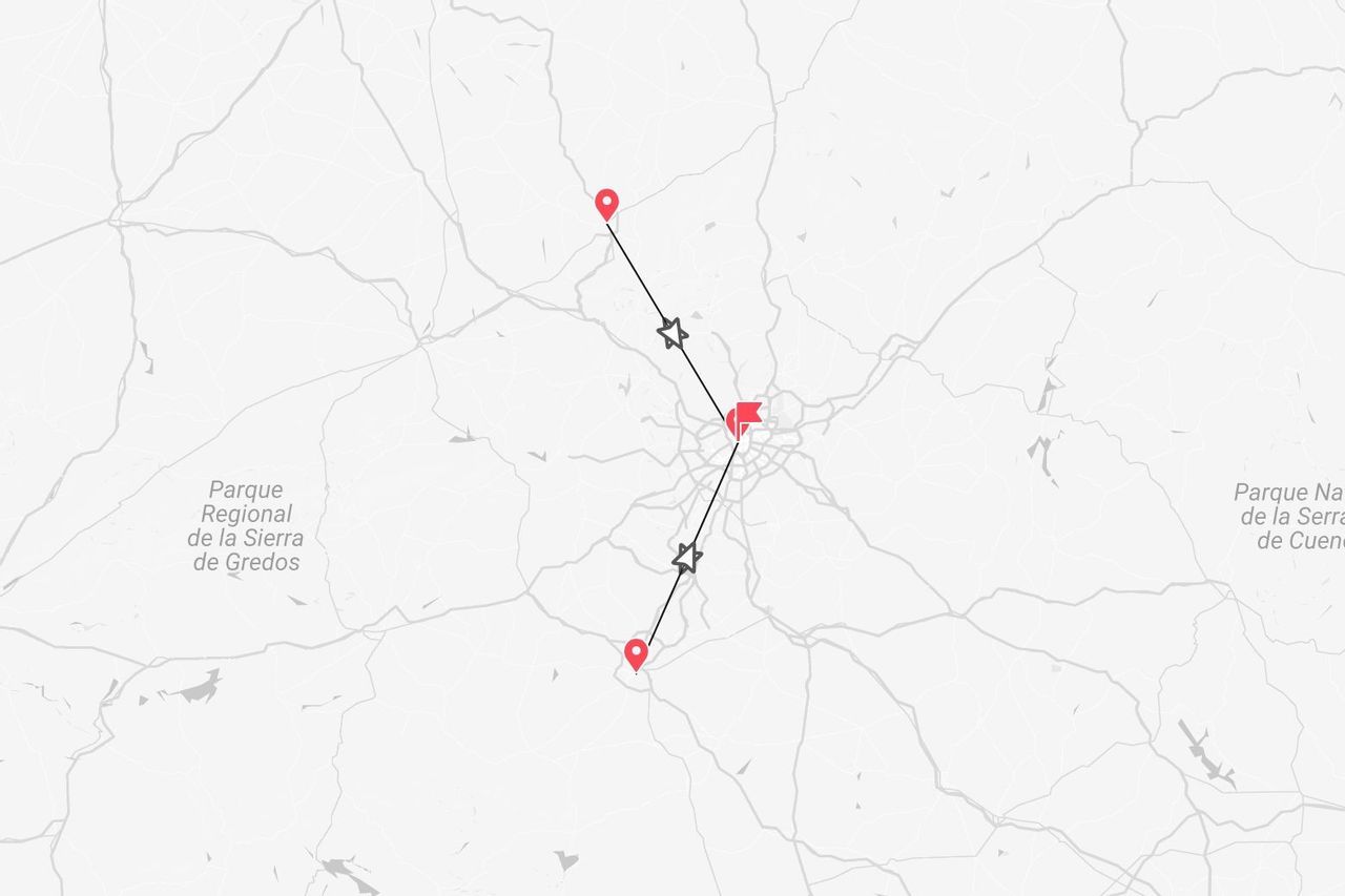 A map showing a travel route connecting several points, including Parque Regional de la Sierra de Gredos and Parque Nacional de la Serranía de Cuenca.