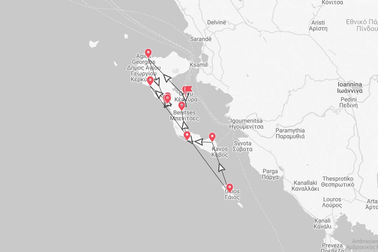 Karte einer Segelroute entlang der griechischen Küste, von Korfu über Benitses, Kavos und Gaios.