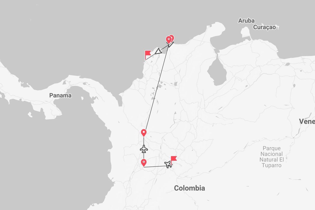 Mappa di un itinerario di viaggio in Colombia, con il percorso segnato da puntine rosse, bandierine e icone di aeroplani.