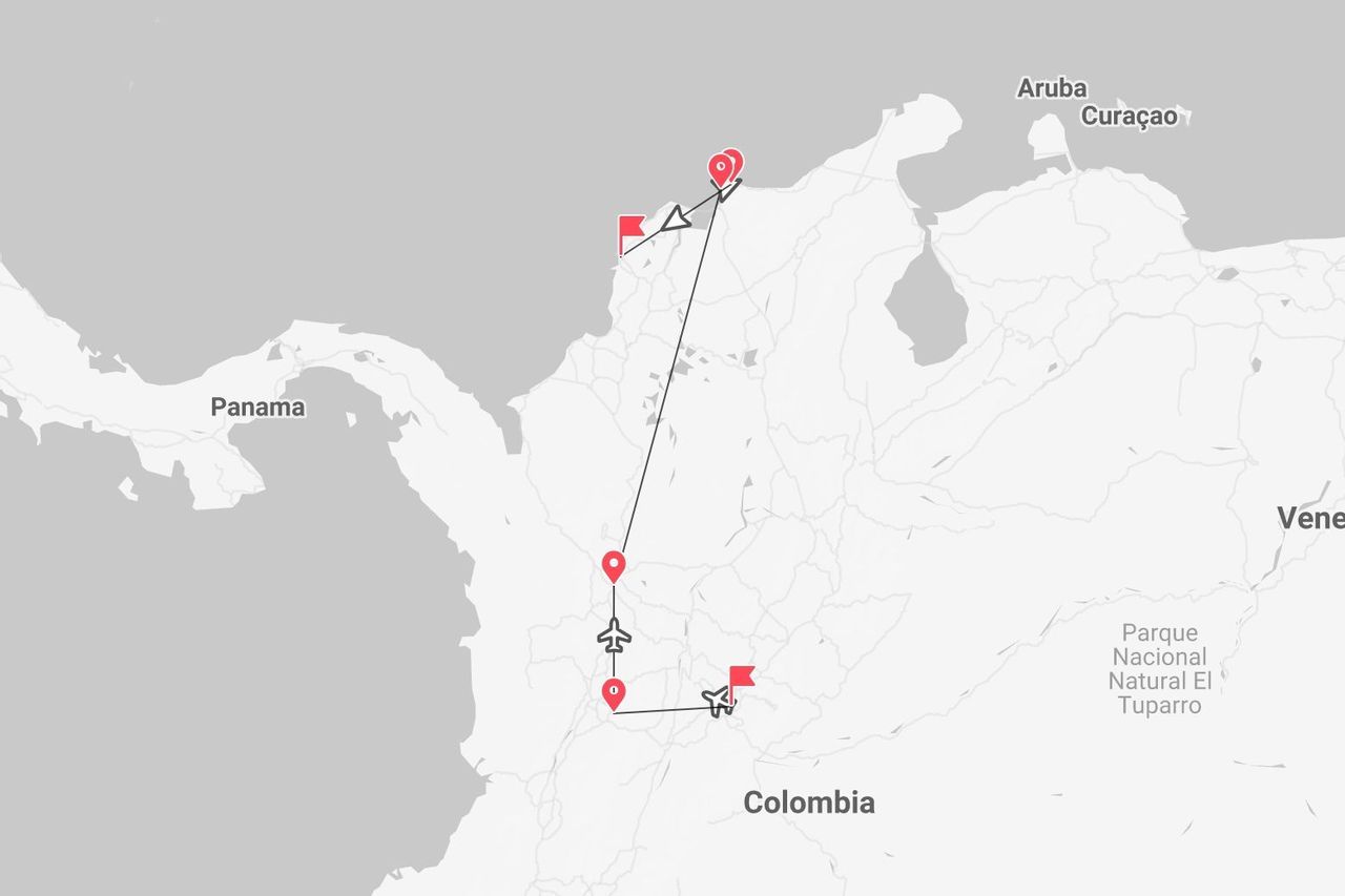 Une carte d'un itinéraire de voyage à travers la Colombie, marquée d'épingles rouges et de lignes montrant les vols de l'intérieur vers la côte caraïbe.