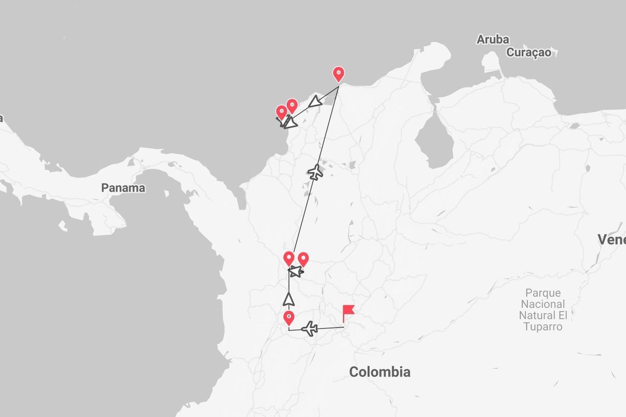 Eine Karte von Kolumbien, die eine Reiseroute mit mehreren Stationen zeigt, einschließlich Flügen zwischen der Nordküste und den Binnenregionen.