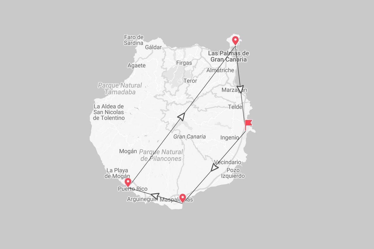 Un mapa de Gran Canaria mostrando un itinerario de viaje con paradas que incluyen Las Palmas, Maspalomas y Puerto Rico.