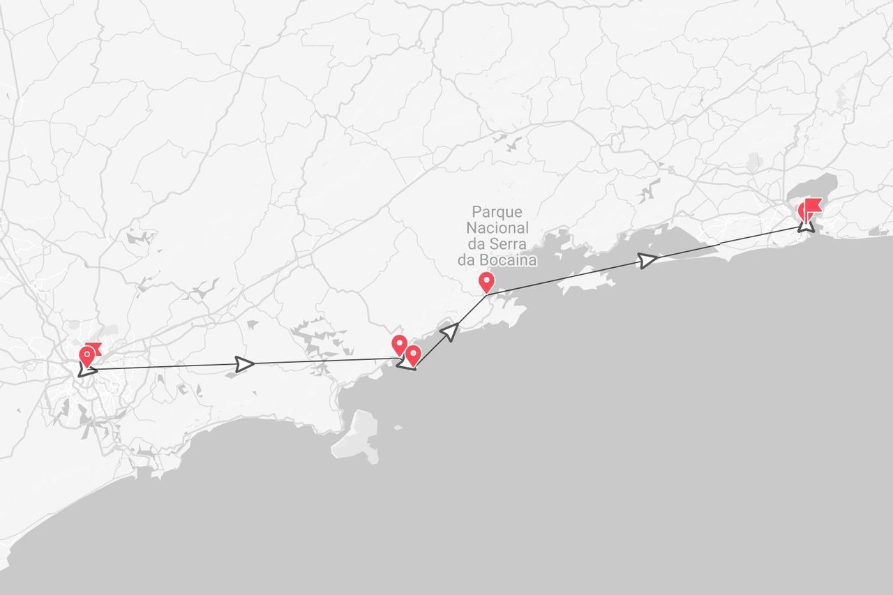Un mapa que muestra una ruta de viaje a lo largo de la costa de Brasil, pasando por el Parque Nacional da Serra da Bocaina.