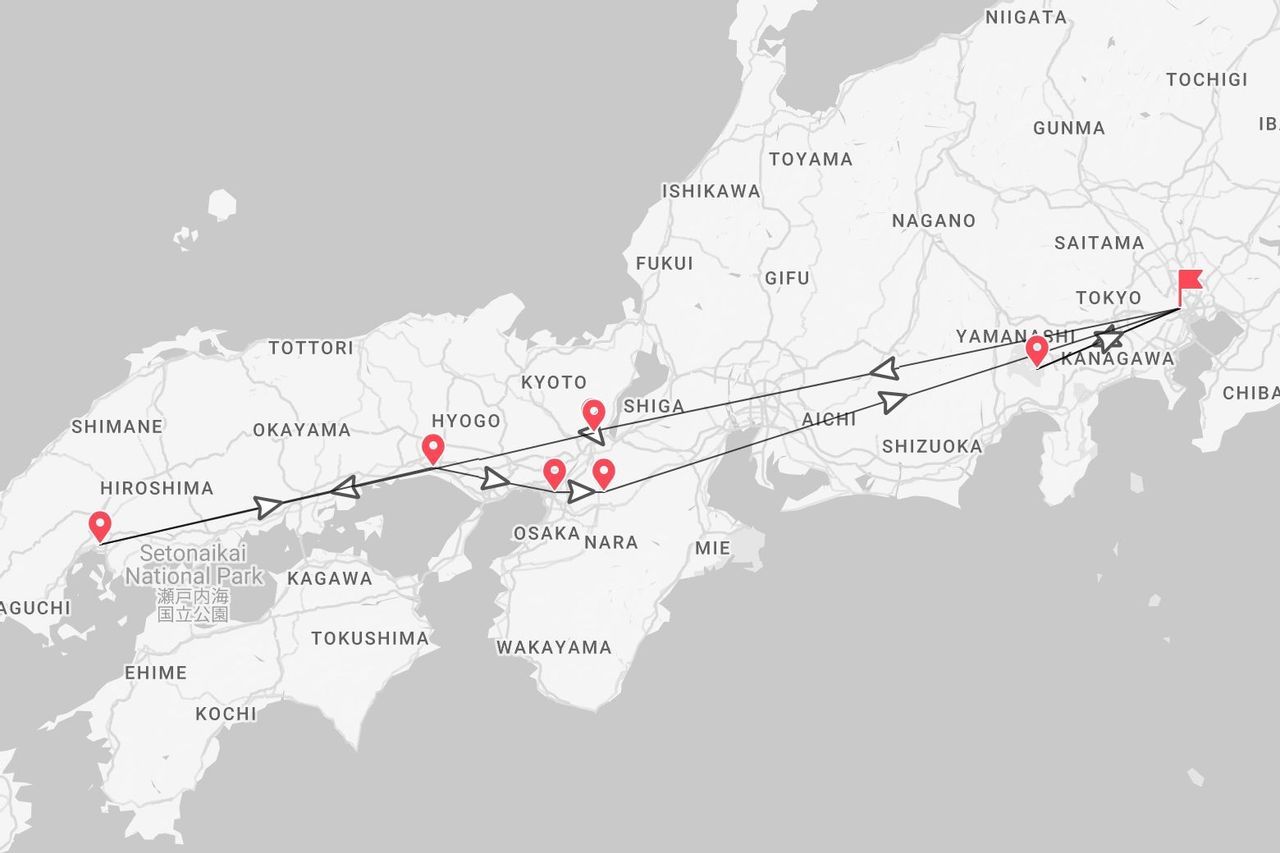 Itinerario de viaje por Japón: de Tokio a Hiroshima, pasando por Kioto y Osaka.