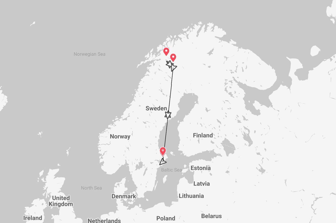Un mapa de Escandinavia que muestra un itinerario de viaje que recorre el norte de Suecia, partiendo del Mar Báltico.