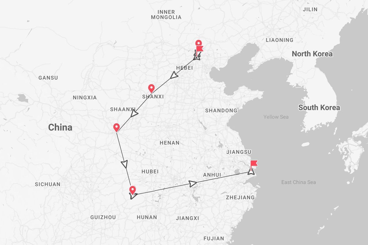 Una mappa di un itinerario di viaggio attraverso la Cina orientale, a partire dalla provincia di Hebei e terminando nella provincia di Jiangsu sulla costa.