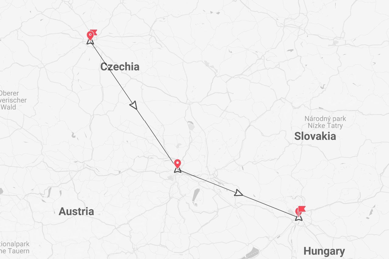 A map showing a travel route with three stops, starting in Czechia, passing through Austria, and ending in Hungary.