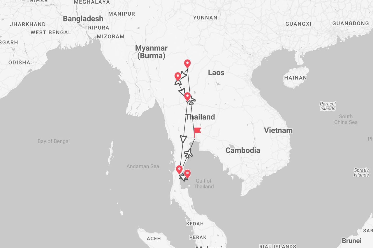 Un mapa del Sudeste Asiático mostrando un itinerario de viaje por Tailandia y Myanmar, marcado con pines e iconos de avión.