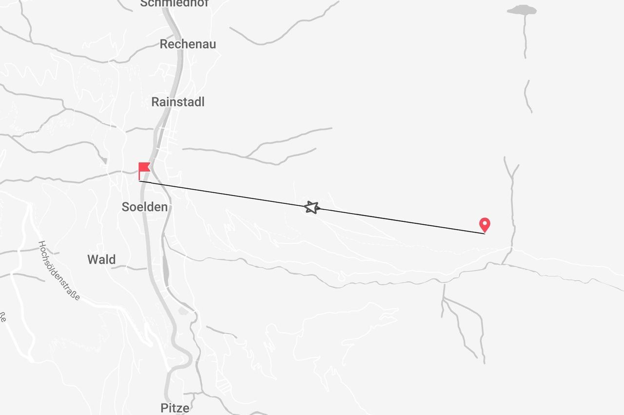 Une carte montrant un itinéraire au départ de Sölden, avec d'autres lieux visibles tels que Rechenau, Rainstadl et Wald.
