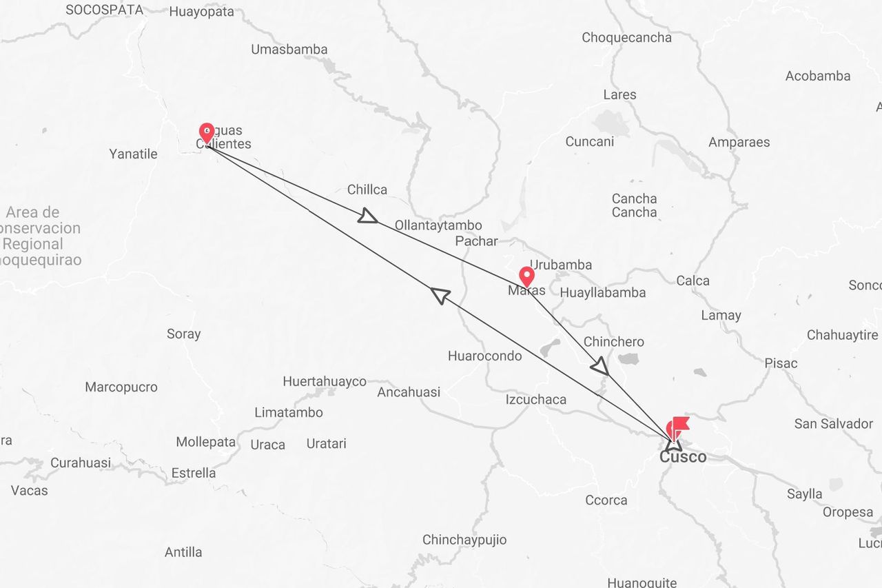 A map of a travel route in Peru showing a path connecting Cusco, Maras, and Aguas Calientes.