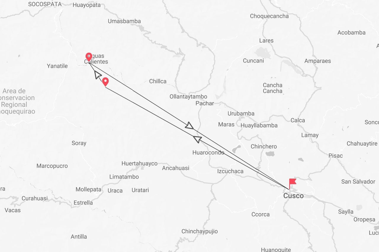 A map illustrating the travel route from the city of Cusco to Aguas Calientes in Peru.