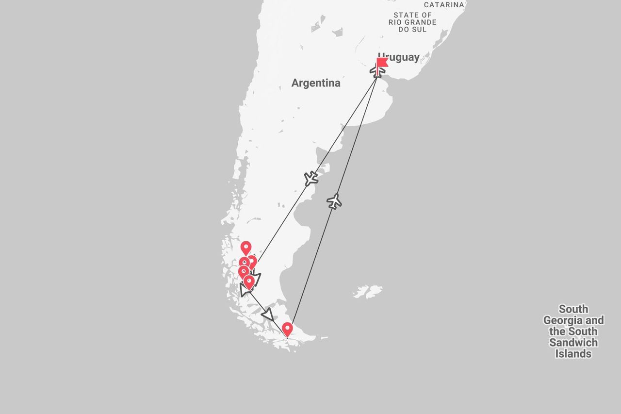 Una mappa che mostra un itinerario di viaggio dall'Uruguay all'Argentina meridionale, evidenziando diverse destinazioni nella regione della Patagonia.