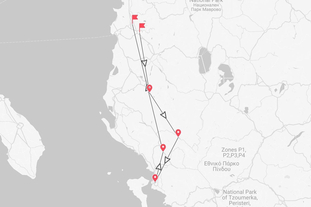 A map of a travel route marked with waypoints, passing through Mavrovo National Park and Tzoumerka National Park.