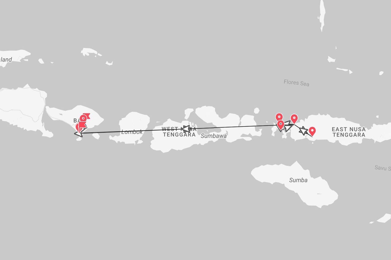 Une carte montrant un itinéraire de voyage à travers les îles indonésiennes de Bali, Lombok, Sumbawa et Nusa Tenggara Est.