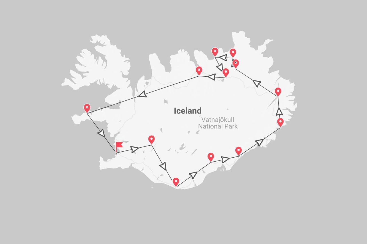 Une carte de l'Islande présentant un circuit de voyage circulaire jalonné d'épingles rouges, passant par le parc national de Vatnajökull.