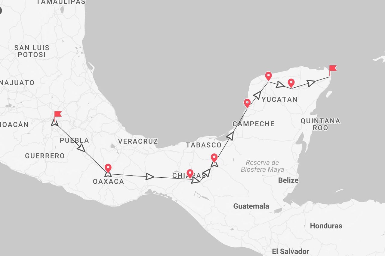 Une carte du sud du Mexique présentant un itinéraire de voyage à travers les États de Puebla, Oaxaca, Chiapas, Campeche et Yucatan.
