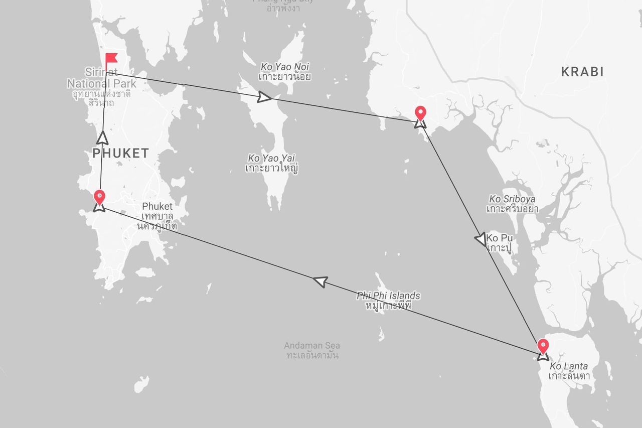 Une carte d'itinéraire de voyage en Thaïlande : Phuket, Koh Yao Noi, Krabi, les îles Phi Phi et Koh Lanta.