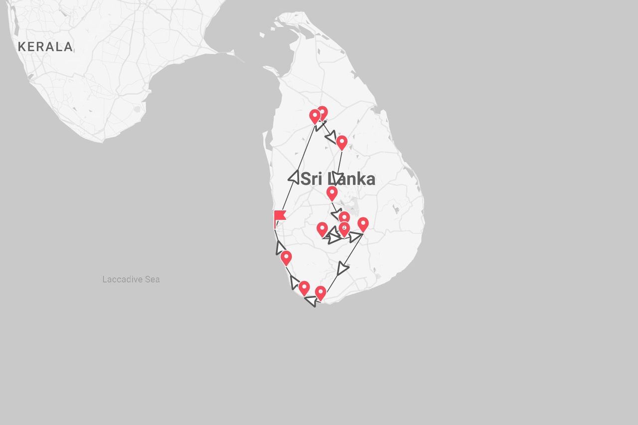 Une carte du Sri Lanka illustrant un itinéraire de voyage avec des épingles rouges marquant diverses étapes à travers le pays.