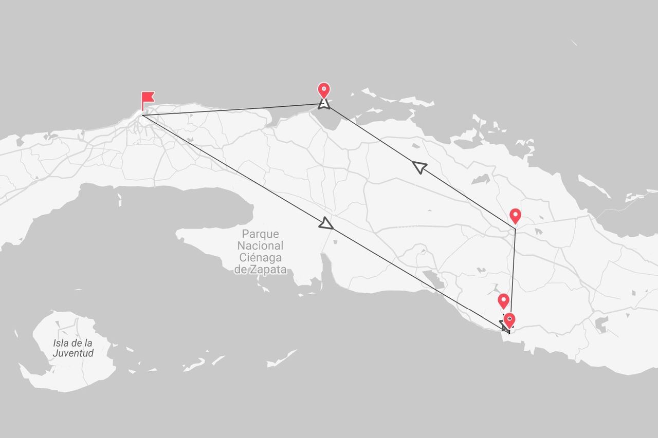 Une carte minimaliste de l'ouest de Cuba montrant un itinéraire de voyage avec plusieurs arrêts, passant près du Parc National Ciénaga de Zapata.