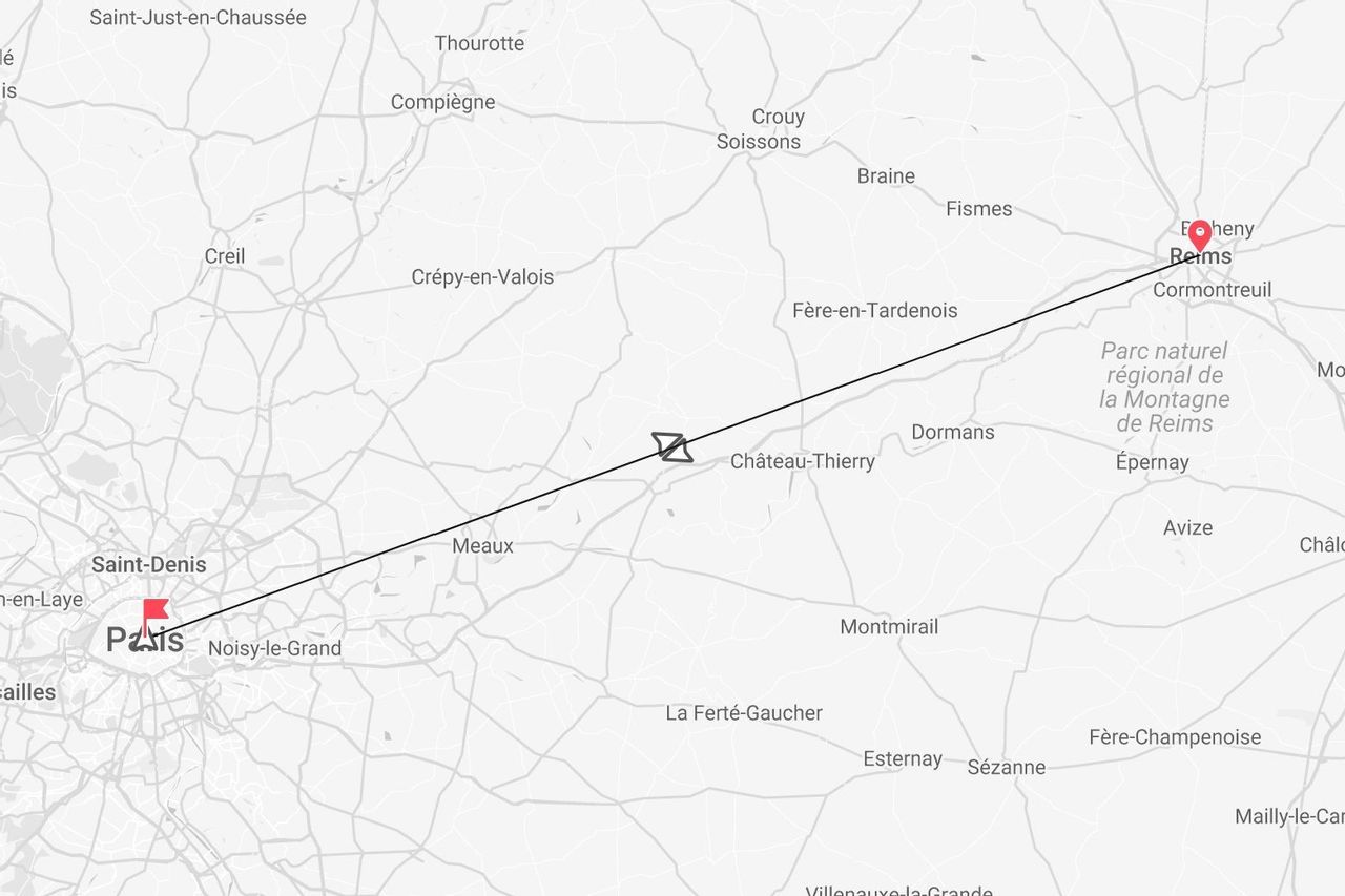 Karte der Flugroute zwischen Paris und Reims in Frankreich.
