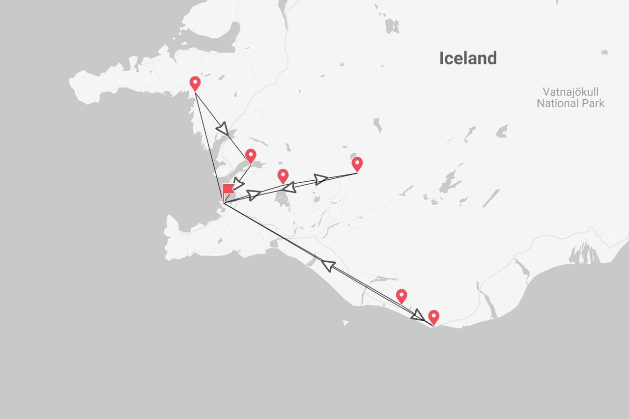 A map of Iceland showing a travel itinerary with red pins marking stops along the western and southern coasts, near Vatnajökull National Park.