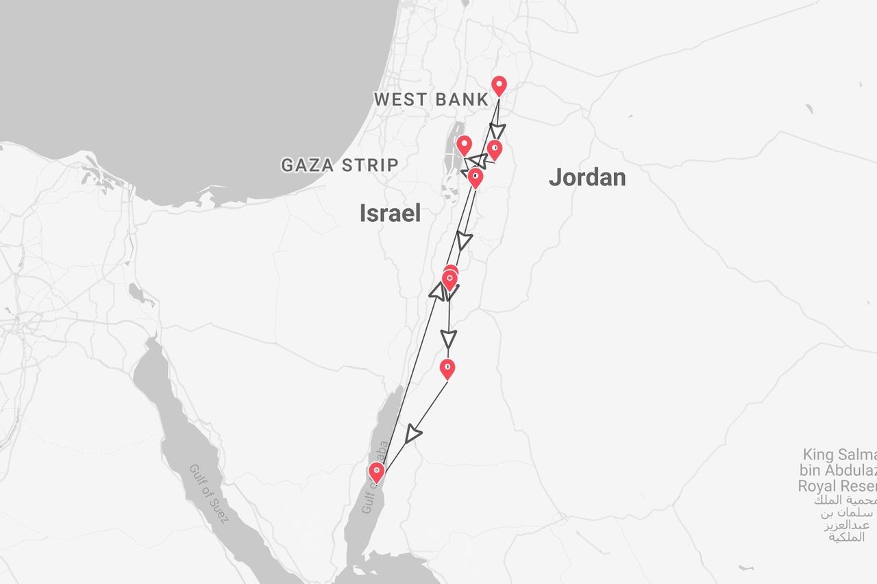 A map showing a travel itinerary through Israel and Jordan, with the route indicated by a line and several waypoints marked in red.