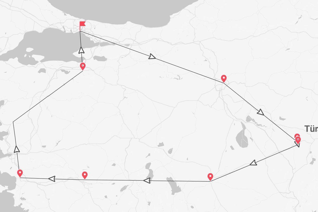 A map of Turkey showing a tour itinerary with red location pins and a connecting black line indicating the route.