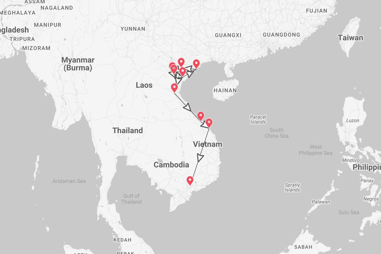 A map of Southeast Asia with a plotted travel itinerary that travels south through Vietnam and ends in Cambodia.