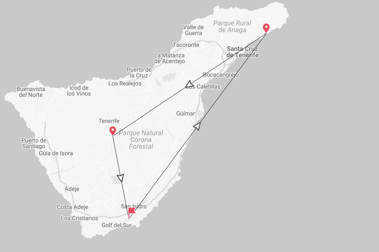 Carte d'itinéraire pour un voyage à Tenerife, montrant un parcours passant par Santa Cruz, le Parc Naturel de la Corona Forestal et San Isidro.
