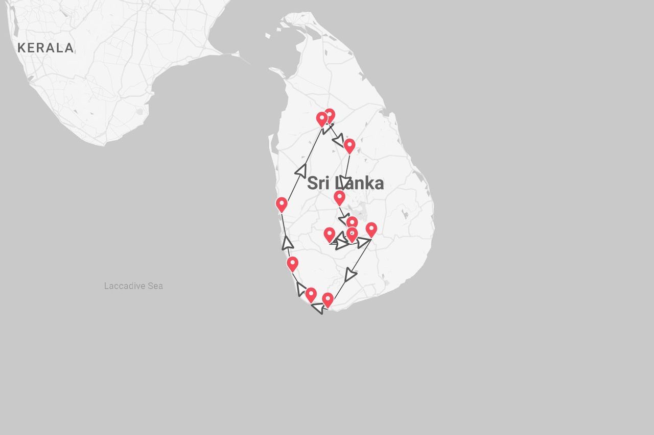 A map showing a tour route through Sri Lanka, marked with red pins and arrows. Part of Kerala, India, is visible on the upper left.