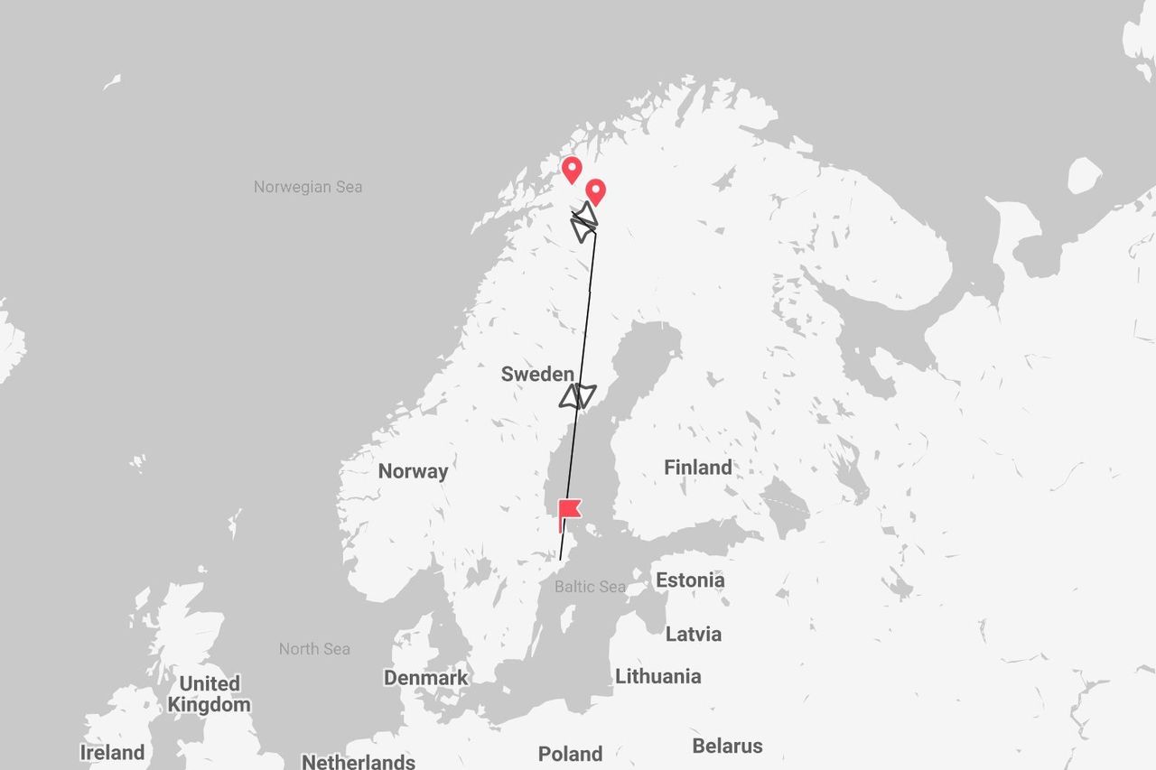 A map of Scandinavia showing a travel itinerary line through Sweden to the northern coast of Norway.
