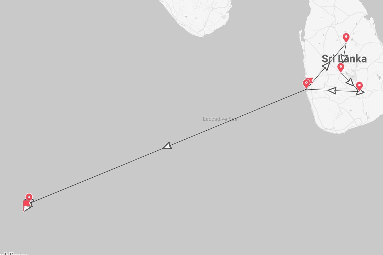 Mappa di un itinerario di viaggio dalle Maldive attraverso il Mar delle Laccadive fino a diverse località dello Sri Lanka.